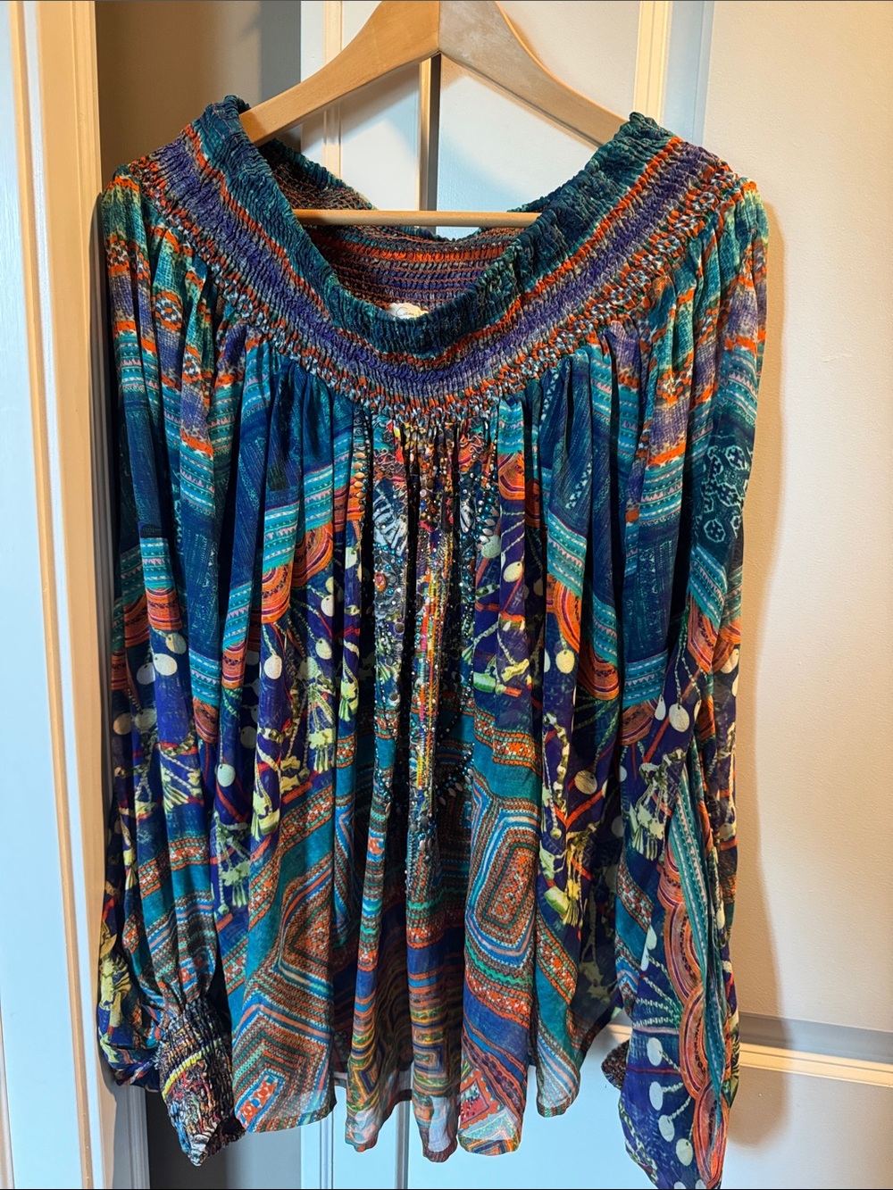 Camilla Boho Off-Shoulder Top in Teal Multi